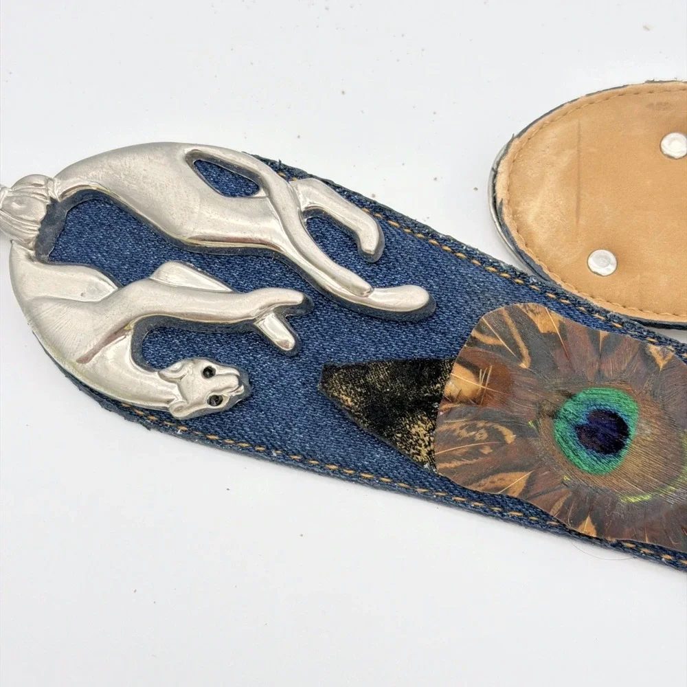 VTG Denim Leather Belt Peacock Feathers Leopard Silver Tone Buckle Adjustable